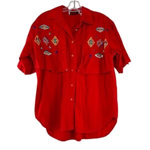 Citi Craze Button Up Shirt Womens SIze M Red Southwest Western Embroidered